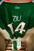 31 August 2018; The jersey to be worn by Republic of Ireland's Jessica Ziu hangs in the dressing room prior to the 2019 FIFA Women's World Cup Qualifier match between Republic of Ireland and Northern Ireland at Tallaght Stadium in Dublin. Photo by Stephen McCarthy/Sportsfile