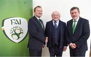 31 August 2018; The President of Ireland Michael D Higgins is welcomed to Tallaght Stadium by David Martin, President of the Irish Football Association, left, and FAI President Donal Conway, right, during the 2019 FIFA Women's World Cup Qualifier match between Republic of Ireland and Northern Ireland at Tallaght Stadium in Dublin. Photo by Stephen McCarthy/Sportsfile
