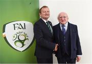 31 August 2018; The President of Ireland Michael D Higgins with David Martin, President of the Irish Football Association, during the 2019 FIFA Women's World Cup Qualifier match between Republic of Ireland and Northern Ireland at Tallaght Stadium in Dublin. Photo by Stephen McCarthy/Sportsfile