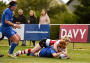 31 August 2018; Julia Short of Leinster scores her side's first try despite the efforts of Eliza Downey of Ulster during the Women’s Interprovincial Championship match between Leinster and Ulster at Blackrock RFC in Dublin. Photo by Piaras Ó Mídheach/Sportsfile