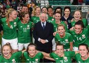 31 August 2018; The President of Ireland Michael D Higgins with Republic of Ireland players and staff following the 2019 FIFA Women's World Cup Qualifier match between Republic of Ireland and Northern Ireland at Tallaght Stadium in Dublin. Photo by Stephen McCarthy/Sportsfile