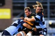 31 August 2018; Rhys Ruddock of Leinster is tackled by Dmitri Arhip, left, and Kristian Dacey of Cardiff Blues during the Guinness PRO14 Round 1 match between Cardiff Blues and Leinster at the BT Cardiff Arms Park in Cardiff, Wales. Photo by Ramsey Cardy/Sportsfile