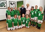 31 August 2018; The President of Ireland Michael D Higgins and his wife Sabina poses for a picture with Mini Republic of Ireland and Mini Northern Ireland players who participated at half-time of the 2019 FIFA Women's World Cup Qualifier match between Republic of Ireland and Northern Ireland at Tallaght Stadium in Dublin. Photo by Stephen McCarthy/Sportsfile