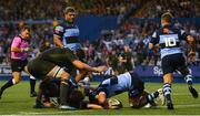 31 August 2018; James Tracy of Leinster scores his side's first try during the Guinness PRO14 Round 1 match between Cardiff Blues and Leinster at the BT Cardiff Arms Park in Cardiff, Wales. Photo by Ramsey Cardy/Sportsfile