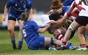 31 August 2018; Bethany McDowell of Ulster has her jersey pulled over her head as she is tackled by Meg Kendall, left, and Julie Short of Leinster during the Women’s Interprovincial Championship match between Leinster and Ulster at Blackrock RFC in Dublin. Photo by Piaras Ó Mídheach/Sportsfile