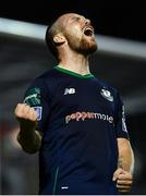 31 August 2018; Brandon Miele of Shamrock Rovers celebrates after scoring his side's third goal during the SSE Airtricity League Premier Division match between Bray Wanderers and Shamrock Rovers at the Carlisle Grounds in Bray, Wicklow. Photo by Seb Daly/Sportsfile