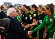 31 August 2018; The President of Ireland Michael D Higgins meets Republic of Ireland captain Katie McCabe prior to the 2019 FIFA Women's World Cup Qualifier match between Republic of Ireland and Northern Ireland at Tallaght Stadium in Dublin. Photo by Stephen McCarthy/Sportsfile