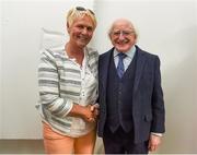 31 August 2018; The President of Ireland Michael D Higgins meets Paula Gorham, a member of the Dundalk Ladies football team who represented Ireland in a match against Corinthian Nomads of England, played in Wales in 1968, at half-time of the 2019 FIFA Women's World Cup Qualifier match between Republic of Ireland and Northern Ireland at Tallaght Stadium in Dublin. Photo by Stephen McCarthy/Sportsfile