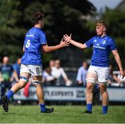 1 September 2018; Brian Deeny of Leinster, left, is congatulated by team mate Tom Coghlan after scoring his side's first try during the U19 Interprovincial Championship match between Leinster and Connacht at Galwegians RFC in Galway. Photo by David Fitzgerald/Sportsfile