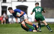 1 September 2018; Brian Deeny of Leinster is tackled by Tim Lambe of Connacht during the U19 Interprovincial Championship match between Leinster and Connacht at Galwegians RFC in Galway. Photo by David Fitzgerald/Sportsfile