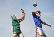 1 September 2018; Anthony Ryan of Leinster wins possession ahead of Lucas Culliton of Connacht during the U19 Interprovincial Championship match between Leinster and Connacht at Galwegians RFC in Galway. Photo by David Fitzgerald/Sportsfile