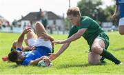 1 September 2018; Michael McGiff of Leinster scores his side's fifth try despite the attempted tackles from Oran McNulty, left, and Dylan Prendergast of Connacht during the U19 Interprovincial Championship match between Leinster and Connacht at Galwegians RFC in Galway. Photo by David Fitzgerald/Sportsfile