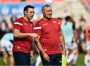 1 September 2018; Scarlets Head coach Wayne Pivac, right, with assistant coach Stephen Jones before the Guinness PRO14 Round 1 match between Ulster and Scarlets at the Kingspan Stadium in Belfast. Photo by Oliver McVeigh/Sportsfile