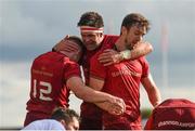 1 September 2018; Rory Scannell of Munster, left, is congratulated by team-mates Billy Holland and Darren Sweetnam after scoring his side's first try during the Guinness PRO14 Round 1 match between Munster and Toyota Cheetahs at Thomond Park in Limerick. Photo by Diarmuid Greene/Sportsfile