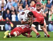 1 September 2018; Marcell Coetzee of Ulster is tackled by Josh Macleod, left, and Blade Thomson of Scarlets during the Guinness PRO14 Round 1 match between Ulster and Scarlets at the Kingspan Stadium in Belfast. Photo by Oliver McVeigh/Sportsfile