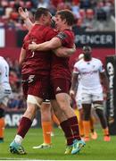 1 September 2018; Tommy O'Donnell of Munster celebrates with team-mate Neil Cronin after scoring his side's third try during the Guinness PRO14 Round 1 match between Munster and Toyota Cheetahs at Thomond Park in Limerick. Photo by Diarmuid Greene/Sportsfile