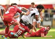 1 September 2018; Henry Speight of Ulster is tackled by Ryan Elias of Scarlets, 16, during the Guinness PRO14 Round 1 match between Ulster and Scarlets at the Kingspan Stadium in Belfast. Photo by Oliver McVeigh/Sportsfile