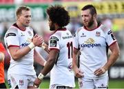 1 September 2018; Ulster players, from left, Kieran Treadwell, Henry Speight and Alan O'Connor celebrate their side's victory after the Guinness PRO14 Round 1 match between Ulster and Scarlets at the Kingspan Stadium in Belfast. Photo by Oliver McVeigh/Sportsfile