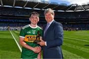 2 September 2018; Pat O’Doherty, ESB Chief Executive at the Electric Ireland GAA Minor Championships, presents Killian Falvey of Kerry with the Man of the Match award for his major performance in the Electric Ireland GAA Minor Football Championship Final. Throughout the Championships, fans can follow the conversation, vote for their player of the week, support the Minors and be a part of something major through the hashtag #GAAThisIsMajor. Photo by Brendan Moran/Sportsfile