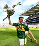 2 September 2018; Dylan Geaney of Kerry celebrates with the Tom Markham Cup following the Electric Ireland GAA Football All-Ireland Minor Championship Final match between Kerry and Galway at Croke Park in Dublin. Photo by Seb Daly/Sportsfile