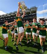 2 September 2018; Michael Lenihan of Kerry celebrates with the Tom Markham Cup following the Electric Ireland GAA Football All-Ireland Minor Championship Final match between Kerry and Galway at Croke Park in Dublin. Photo by Seb Daly/Sportsfile