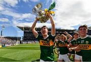 2 September 2018; Jack Kennelly of Kerry celebrates with the Tom Markham Cup following the Electric Ireland GAA Football All-Ireland Minor Championship Final match between Kerry and Galway at Croke Park in Dublin. Photo by Seb Daly/Sportsfile