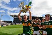 2 September 2018; Jack Kennelly of Kerry celebrates with the Tom Markham Cup following the Electric Ireland GAA Football All-Ireland Minor Championship Final match between Kerry and Galway at Croke Park in Dublin. Photo by Seb Daly/Sportsfile