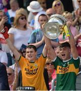 2 September 2018; Kerry captain Paul O'Shea, right, and Keith O'Leary lift the Tom Markham Cup following the Electric Ireland GAA Football All-Ireland Minor Championship Final match between Kerry and Galway at Croke Park in Dublin. Photo by Oliver McVeigh/Sportsfile