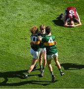 2 September 2018; Kerry players, left to right, Paul Walsh, Darragh Lyne, and David Mangan celebrate, while Conor Raftery of Galway falls to the ground after the Electric Ireland GAA Football All-Ireland Minor Championship Final match between Kerry and Galway at Croke Park in Dublin. Photo by Daire Brennan/Sportsfile