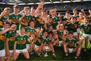 2 September 2018; The Kerry minor team celebrate their fifth All-Ireland win in a row with the Tom Markham Cup following the Electric Ireland GAA Football All-Ireland Minor Championship Final match between Kerry and Galway at Croke Park in Dublin. Photo by Ray McManus/Sportsfile