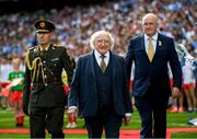 2 September 2018; The President of Ireland, Michael D Higgins and Uachtarán Chumann Lúthchleas Gael John Horan, right, walk onto the pitch prior to the GAA Football All-Ireland Senior Championship Final match between Dublin and Tyrone at Croke Park in Dublin. Photo by Stephen McCarthy/Sportsfile