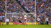 2 September 2018; Peter Harte of Tyrone shoots to score his side's first goal past Dublin captain Stephen Cluxton in the 67th minute during the GAA Football All-Ireland Senior Championship Final match between Dublin and Tyrone at Croke Park in Dublin. Photo by Ray McManus/Sportsfile