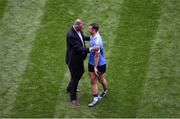 2 September 2018; Cormac Costello of Dublin is congratulated by his father John Costello after the GAA Football All-Ireland Senior Championship Final match between Dublin and Tyrone at Croke Park in Dublin. Photo by Daire Brennan/Sportsfile