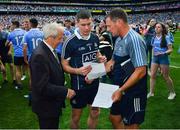 2 September 2018; Dublin captain Stephen Cluxton with media manager Seamus McCormack, right, and Croke Park Senior Steward Michael Leddy following the GAA Football All-Ireland Senior Championship Final match between Dublin and Tyrone at Croke Park in Dublin. Photo by Stephen McCarthy/Sportsfile