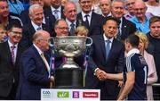 2 September 2018; Dublin captain Stephen Cluxton is ocngratulated by An Taoiseach Leo Varadkar T.D., after the GAA Football All-Ireland Senior Championship Final match between Dublin and Tyrone at Croke Park in Dublin. Photo by Brendan Moran/Sportsfile