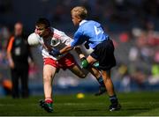 2 September 2018; Tom Ryan, Oola NS, Co Limerick, representing Tyrone, in action against Alex Craig, Scoil Naomh Eoin, Killenard, Co Laois, representing Dublin, during the INTO Cumann na mBunscol GAA Respect Exhibition Go Games at the Electric Ireland GAA Football All-Ireland Minor Championship Final match between Kerry and Galway at Croke Park in Dublin. Photo by Eóin Noonan/Sportsfile
