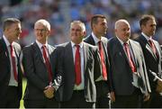 2 September 2018; Enda Gormley, Don Kelly, Dermot McNicholl, Eamon Burns, Danny Quinn and  Brian McCormack of the Derry 1993 All-Ireland winning team who were honoured prior to the GAA Football All-Ireland Senior Championship Final match between Dublin and Tyrone at Croke Park in Dublin.  Photo by Oliver McVeigh/Sportsfile