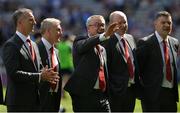2 September 2018; Damian Barton, Damian Cassidy, Joe Brolly, Seamus Downey and Enda Gormley of the Derry 1993 All-Ireland winning team who were honoured prior to the GAA Football All-Ireland Senior Championship Final match between Dublin and Tyrone at Croke Park in Dublin. Photo by Oliver McVeigh/Sportsfile