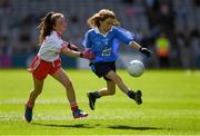 2 September 2018; Aoibhinn Sheridan, Scoil Mhuire Naofa, Carrigallen, Co Leitrim, representing Dublin, in action against Aoibhe Hoey, Jonesboro PS, Newry, Co Down, representing Tyrone, during the INTO Cumann na mBunscol GAA Respect Exhibition Go Games at the Electric Ireland GAA Football All-Ireland Minor Championship Final match between Kerry and Galway at Croke Park in Dublin. Photo by Piaras Ó Mídheach/Sportsfile