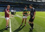 2 September 2018; Referee Sean Hurson shakes hands Paul O'Shea of Kerry and Conor Raftery of Galway before the Electric Ireland GAA Football All-Ireland Minor Championship Final match between Kerry and Galway at Croke Park in Dublin. Photo by Ray McManus/Sportsfile