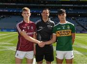 2 September 2018; The captains, Paul O'Shea of Kerry and Conor Raftery of Galway, shake hands accross referee Sean Hurson before the Electric Ireland GAA Football All-Ireland Minor Championship Final match between Kerry and Galway at Croke Park in Dublin. Photo by Ray McManus/Sportsfile
