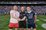 2 September 2018; Referee Conor Lane with, left, Tyrone captain Mattie Donnelly and Dublin captain Stephen Cluxton prior to the GAA Football All-Ireland Senior Championship Final match between Dublin and Tyrone at Croke Park in Dublin. Photo by Ray McManus/Sportsfile