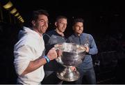 3 September 2018; Michael Darragh Macauley, left, Eoghan O'Gara, centre, and Bernard Brogan with the Sam Maguire Cup during the Dublin All-Ireland Football Winning team homecoming at Smithfield in Dublin. Photo by David Fitzgerald/Sportsfile