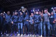 3 September 2018; Cormac Costello and team-mates with the Sam Maguire Cup during the Dublin All-Ireland Football Winning team homecoming at Smithfield in Dublin. Photo by David Fitzgerald/Sportsfile