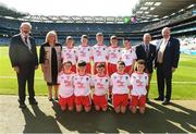 2 September 2018; INTO President Joe Killeen, President of the LGFA Máire Hickey, Chairman of Cumann na mBunscol Liam McGee, and Uachtarán Chumann Lúthchleas Gael John Horan, with the Tyrone team, back row, left to right, Stephen Curley, Corrandulla NS, Co Galway, Seán McGhee, Ballyvary Central, Castlebar, Co Mayo, Alan O'Connell, Dromahane NS, Mallow, Co Cork, Tomás Kennedy, Scoil Eoin, Balloonagh, Tralee, Co Kerry, Liam Murray, Gaelscoil na bhFál, Belfast, Co Antrim, front row, left to right, Eoghan Scott, Glenswilly NS, Letterkenny, Co Donegal, Ben McGrath, Ballyholland PS, Newry, Co Down, Dara Cullen, St John's PS Eglish, Co Armagh, Tom Ryan, Oola NS, Co Limerick, Tom Curran, Barefield NS, Ennis, Co Clare, ahead of the INTO Cumann na mBunscol GAA Respect Exhibition Go Games at the Electric Ireland GAA Football All-Ireland Minor Championship Final match between Kerry and Galway at Croke Park in Dublin. Photo by Daire Brennan/Sportsfile