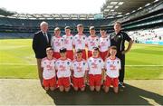 2 September 2018; Mini-Games co-ordinator Gerry O'Meara, with the Tyrone team, back row, left to right, Stephen Curley, Corrandulla NS, Co Galway, Seán McGhee, Ballyvary Central, Castlebar, Co Mayo, Alan O'Connell, Dromahane NS, Mallow, Co Cork, Tomás Kennedy, Scoil Eoin, Balloonagh, Tralee, Co Kerry, Liam Murray, Gaelscoil na bhFál, Belfast, Co Antrim, front row, left to right, Eoghan Scott, Glenswilly NS, Letterkenny, Co Donegal, Ben McGrath, Ballyholland PS, Newry, Co Down, Dara Cullen, St John's PS Eglish, Co Armagh, Tom Ryan, Oola NS, Co Limerick, Tom Curran, Barefield NS, Ennis, Co Clare, ahead of the INTO Cumann na mBunscol GAA Respect Exhibition Go Games at the Electric Ireland GAA Football All-Ireland Minor Championship Final match between Kerry and Galway at Croke Park in Dublin. Photo by Daire Brennan/Sportsfile