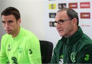 5 September 2018; Republic of Ireland manager Martin O'Neill, right, and Seamus Coleman during a Republic of Ireland press conference at Cardiff City Stadium in Cardiff, Wales. Photo by Stephen McCarthy/Sportsfile