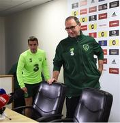 5 September 2018; Republic of Ireland manager Martin O'Neill and captain Seamus Coleman arrive for a press conference at Cardiff City Stadium in Cardiff, Wales. Photo by Stephen McCarthy/Sportsfile