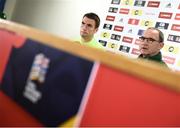 5 September 2018; Republic of Ireland manager Martin O'Neill and captain Seamus Coleman during a press conference at Cardiff City Stadium in Cardiff, Wales. Photo by Stephen McCarthy/Sportsfile