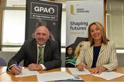 6 September 2018; Ronan Sheehan GPA National Executive Committee representative and Professor  Raffaella Folli Provost of Belfast/Jordanstown campus of Ulster University at the GPA/UUJ Enhanced Scholarships Announcement at the University of Ulster in Belfast, Co Antrim.  Photo by Oliver McVeigh/Sportsfile